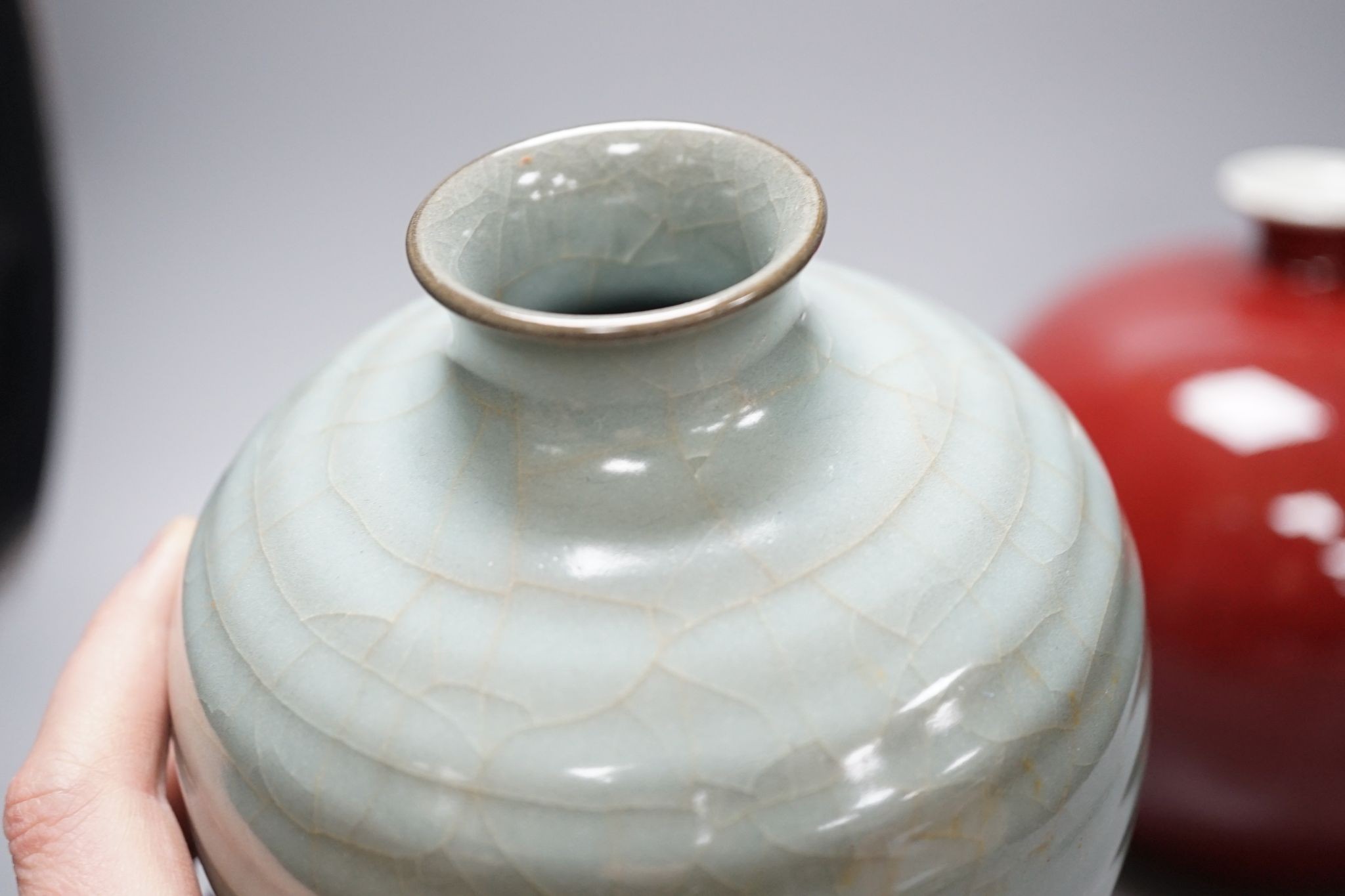 A Chinese oxblood vase, crackle glaze vase and enamelled bowl